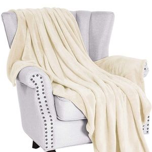 Set of 2, Ivory Plush Throw Super Soft Blanket
